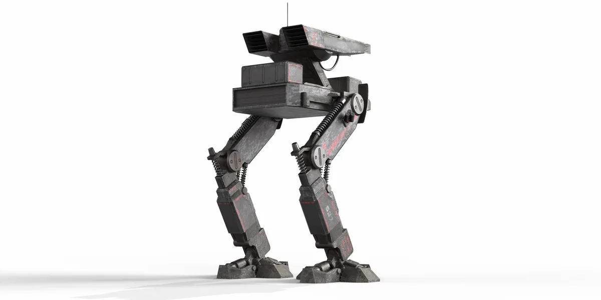 Sentinelle robot metalliche pronte all'attacco in arena di battaglia futuristica